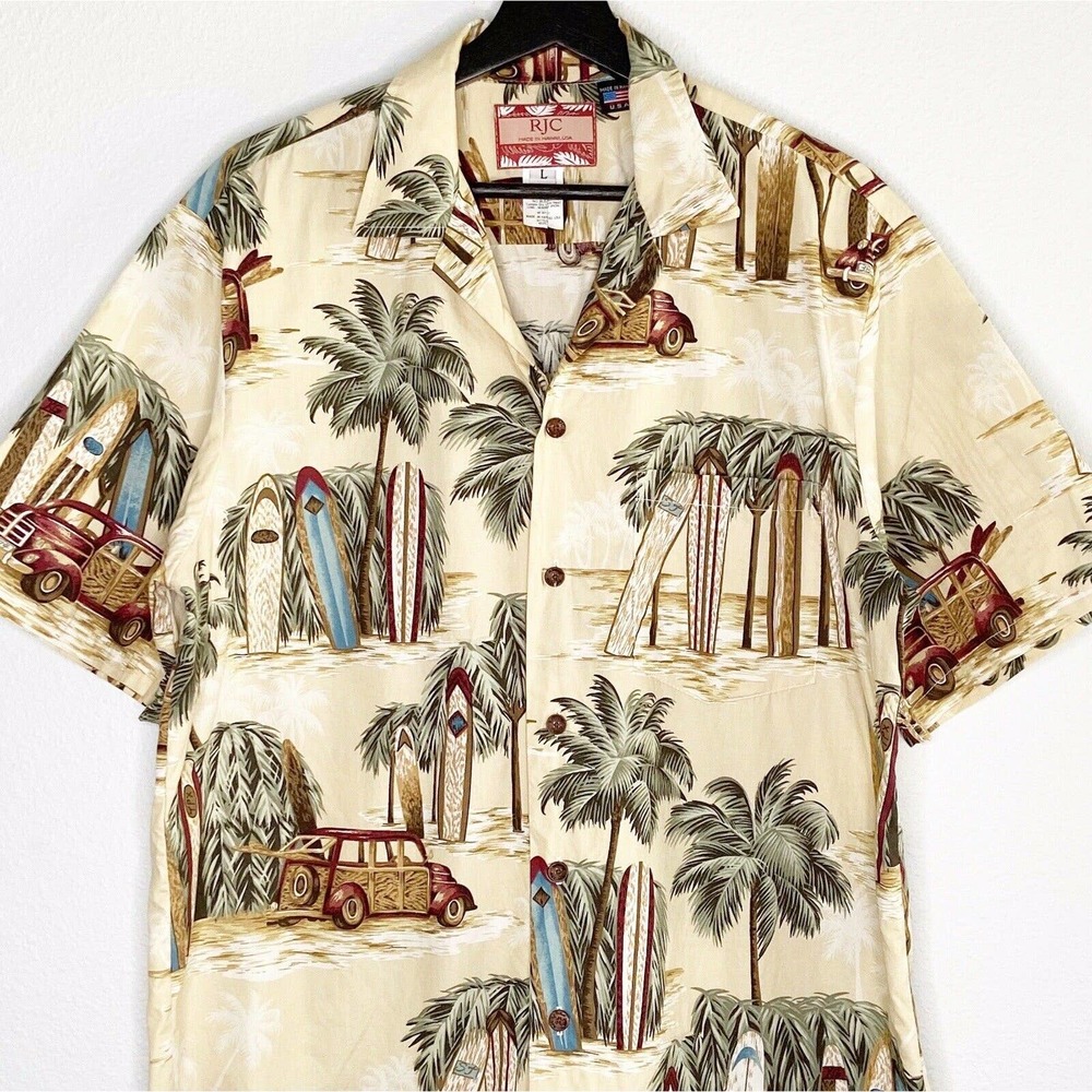 RJC Hawaiian Surf Palm Tree Woody Cars Aloha Shirt